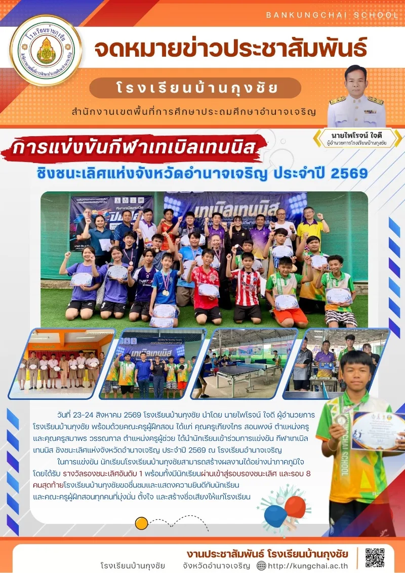 การแข่งขันกีฬาเทเบิลเทนนิส นายไพโรจน์ ใจดี ผู้อำนวยการโรงเรียนบ้านกุงชัย ชิงชนะเลิศแห่งจังหวัดอำนาจเจริญ ประจำปี 2569